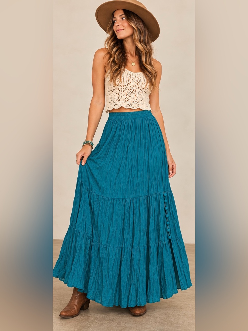VTG Ropa Teal Blue Crinkle Broomstick Maxi Skirt Large Boho Western Tiered